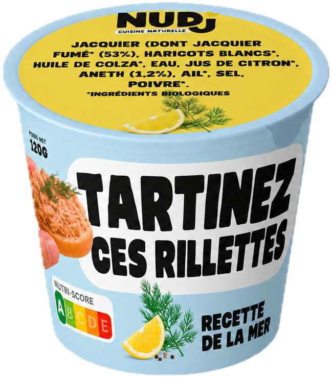 Pot de rillettes De la Mer Nudj, étiquette bleu clair