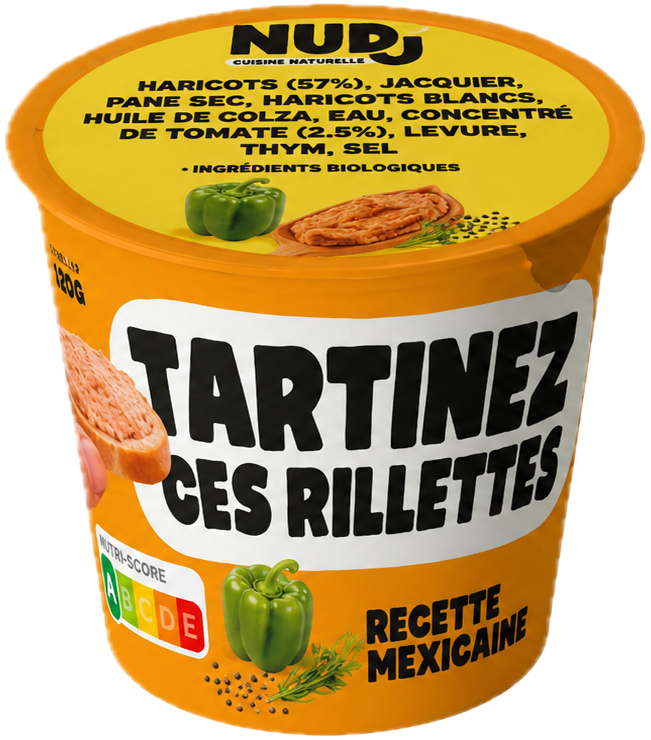 Pot de rillettes Mexicaine Nudj, étiquette orange