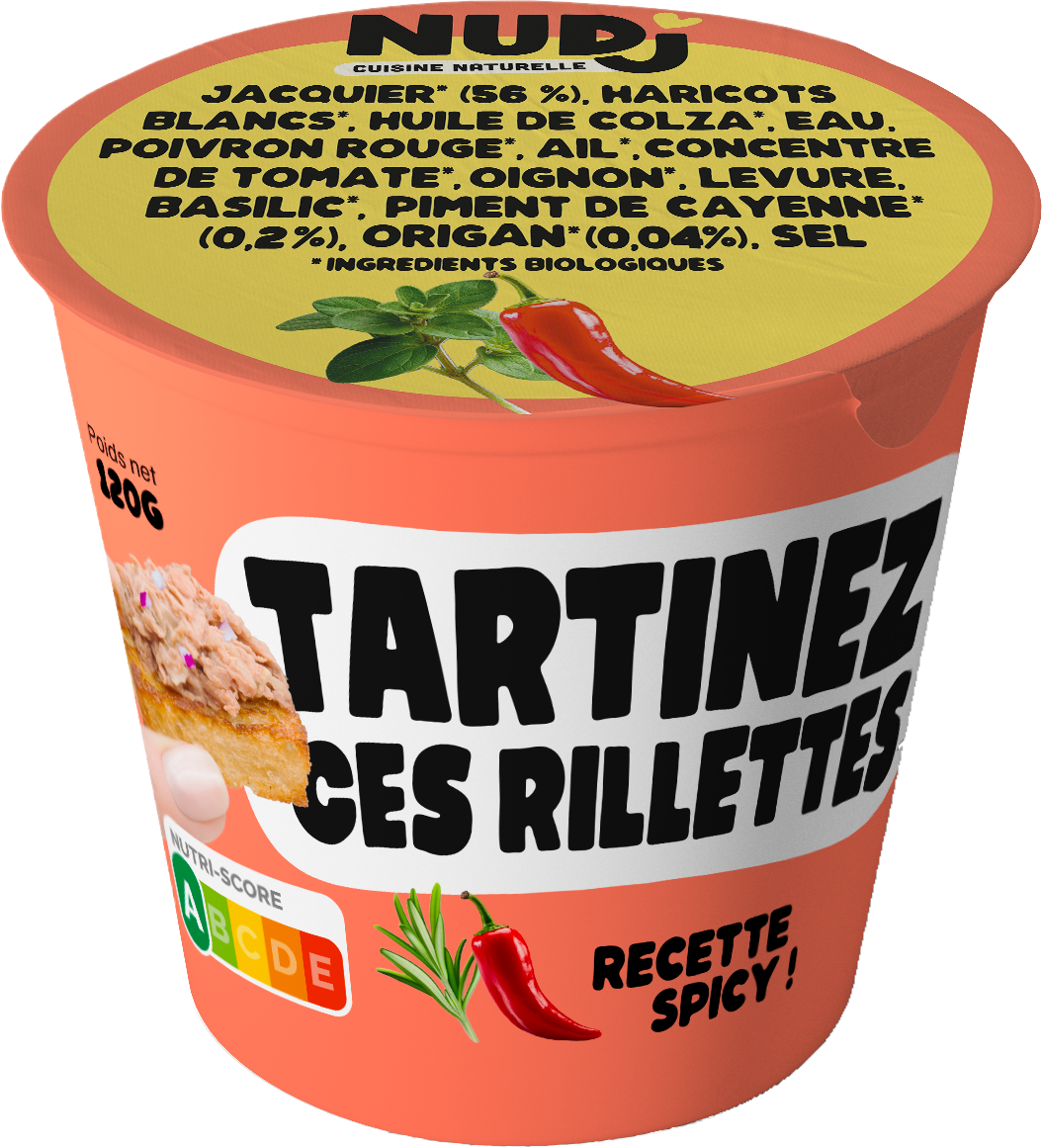Pot de rillettes Spicy Nudj, étiquette corail